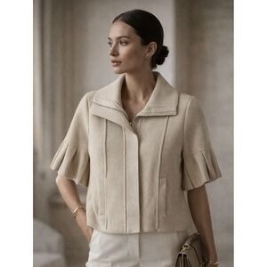 Magaschoni Cardigan Crop Sweater Sz XS Beige Women's Zip Pockets Cottage